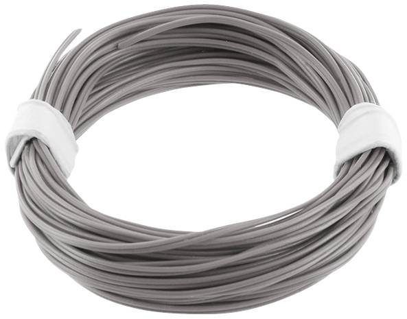 A grey cable reel, tightly wound and secured with two white bands.