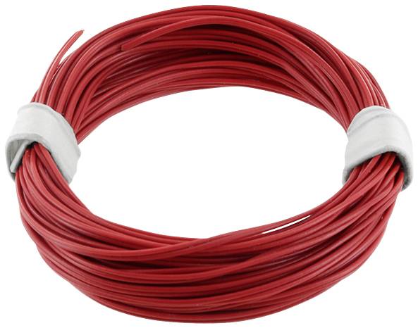 A reel of red wire, neatly coiled and secured with two grey bands.