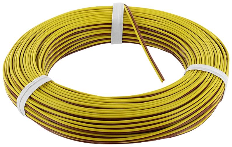 Yellow cable reel with a red stripe, secured in two loops, on a white background. Suitable for electrical installations.