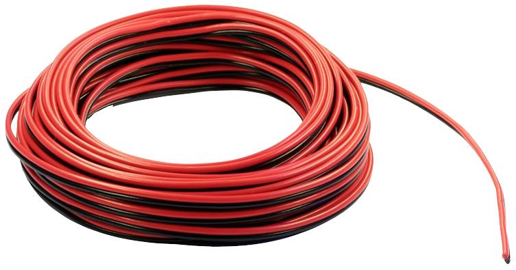 A coiled spool of red and black electrical cable, suitable for electronics projects or wiring applications.