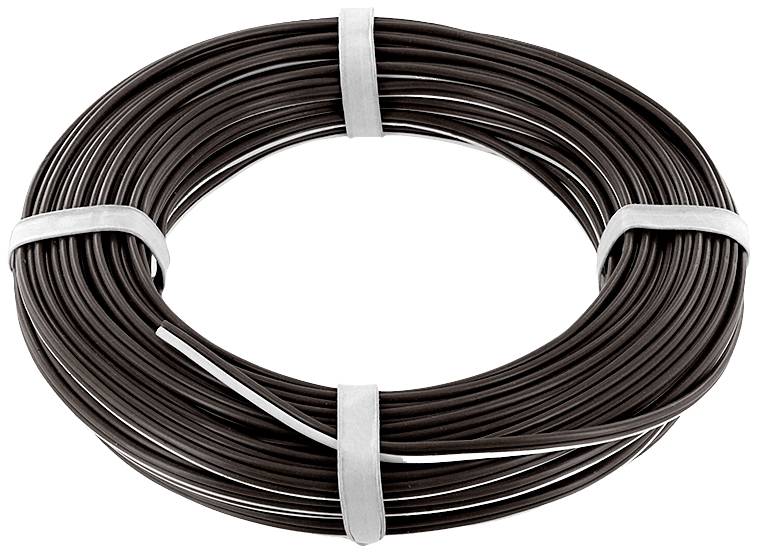 A reel of black wire, neatly wound and secured with three white bands.