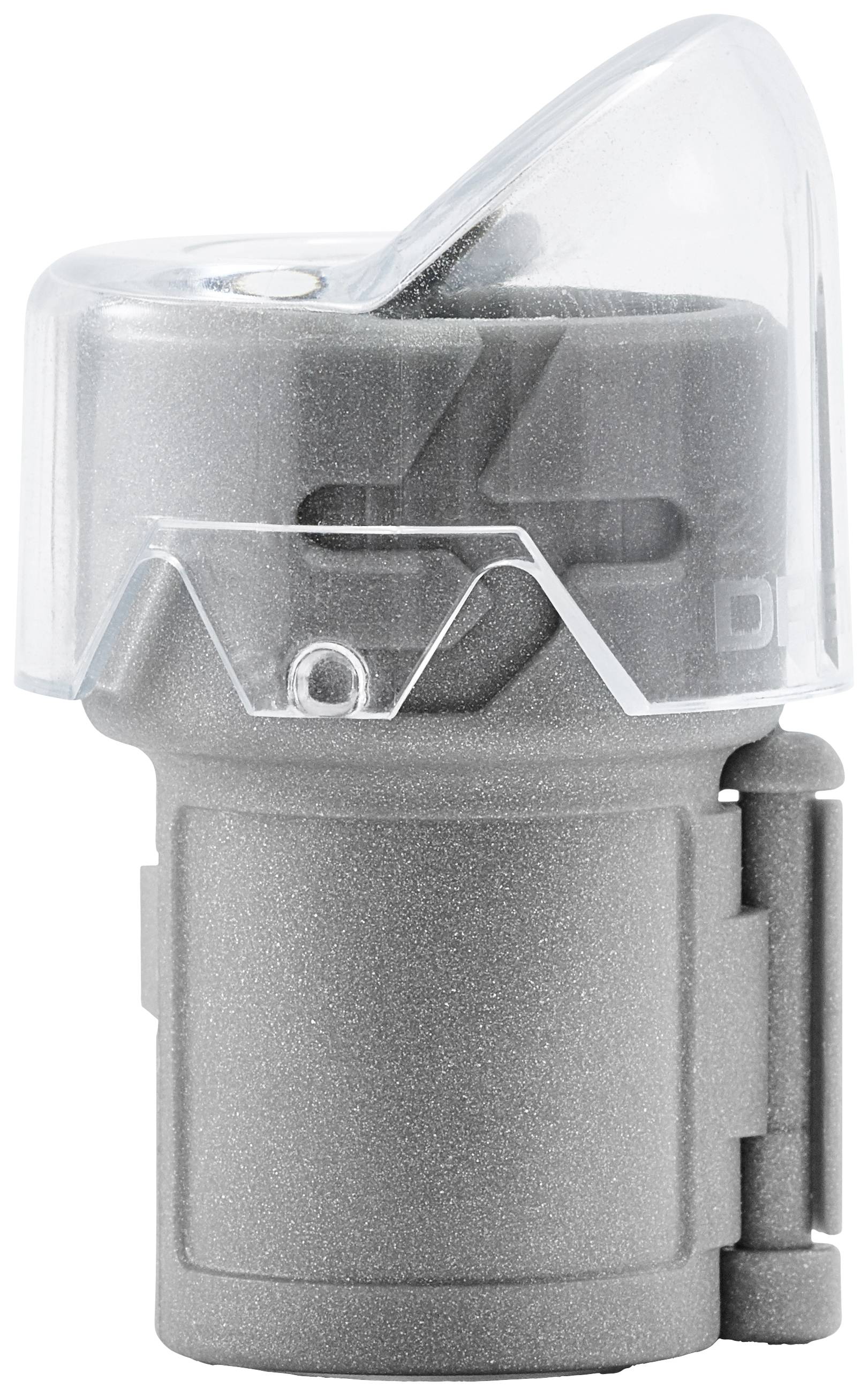 Grey plastic closure mechanism, slightly transparent, with ergonomic handle and locking system.