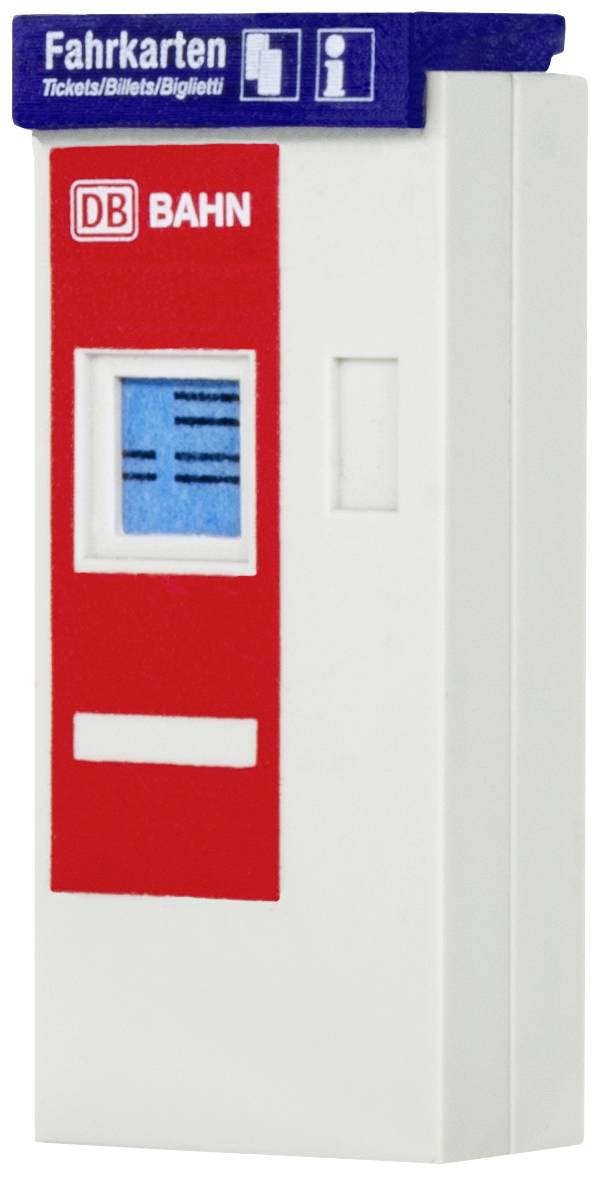 A Deutsche Bahn ticket machine with red and blue labelling for ticket purchase in multiple languages.