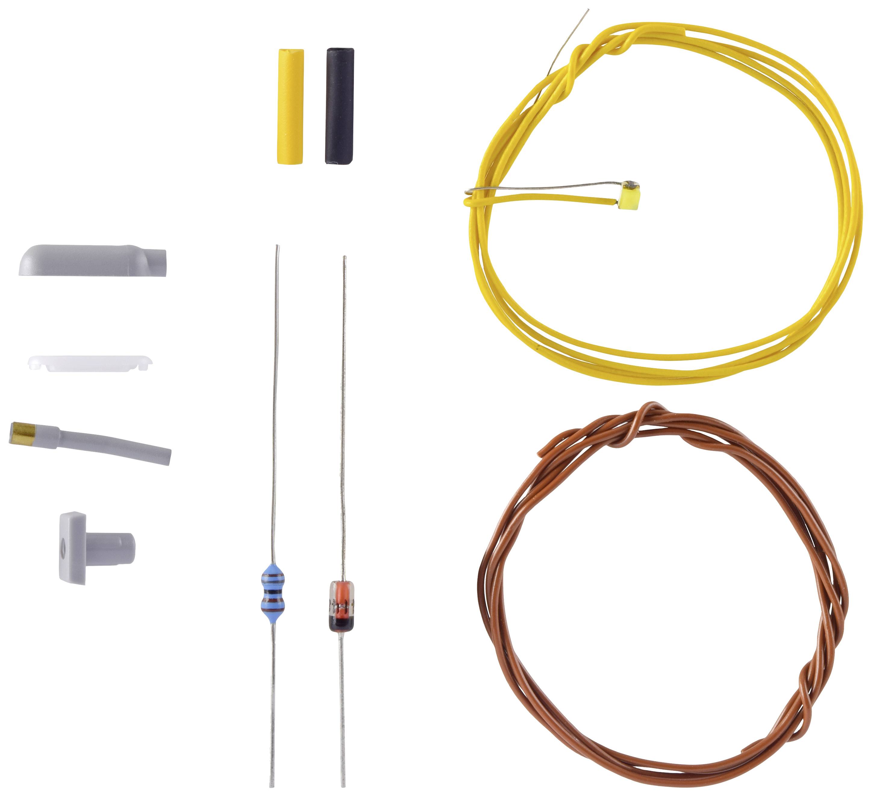 Various electronic components: yellow and brown cable, two resistors, insulating sleeves, and connectors, arranged on a white background.