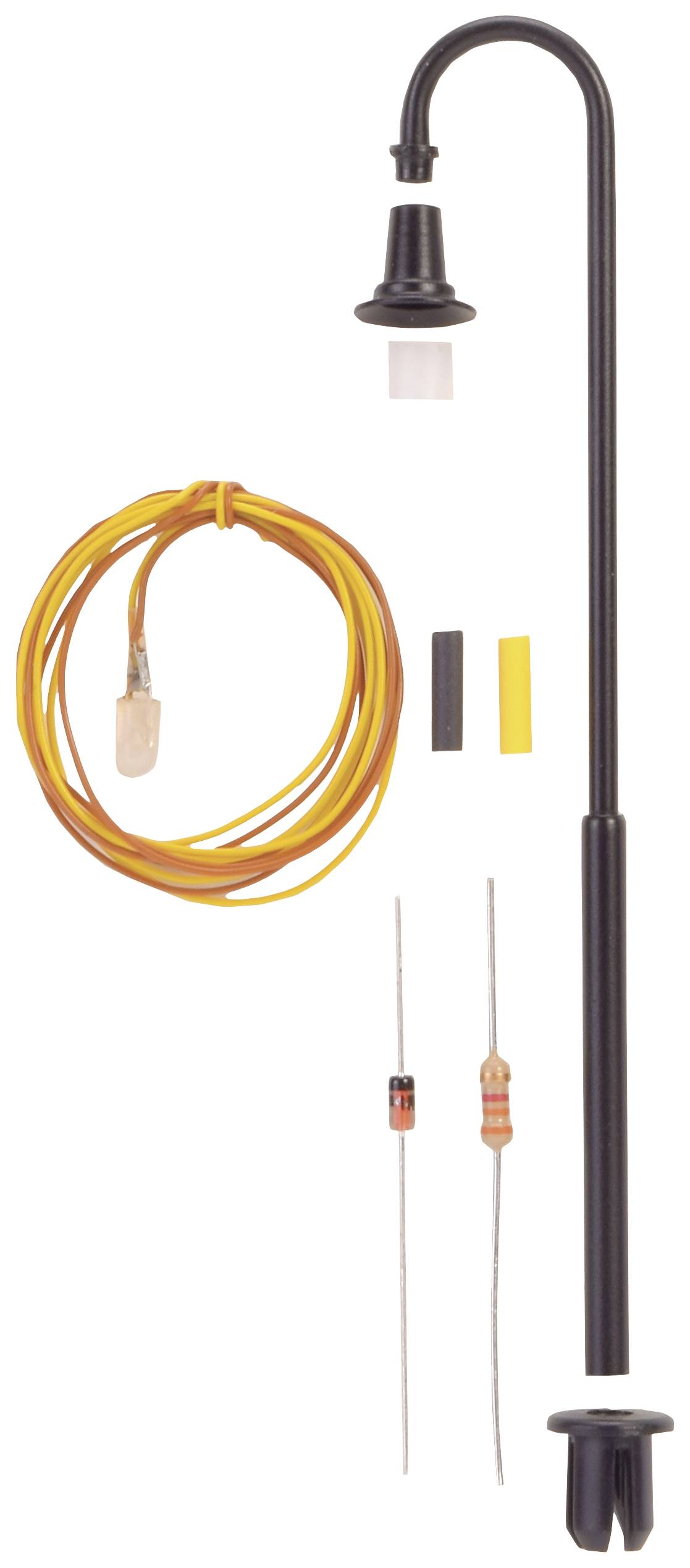 Lamp kit consisting of a black street lamp, two resistors, an orange cable, and two plugs.