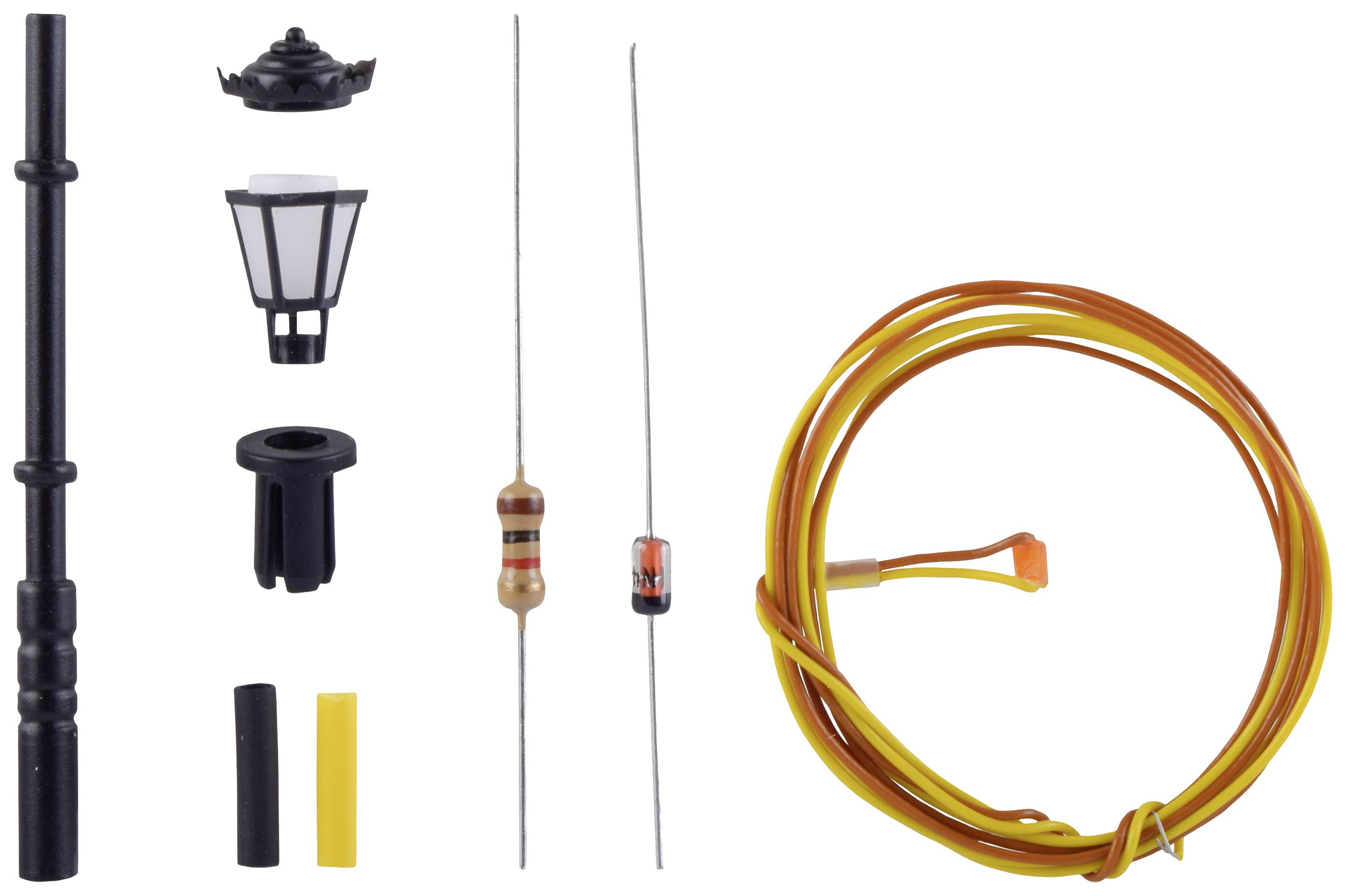 Model railway lighting set: Lamp, resistors, cables and accessories for assembling a street lamp.