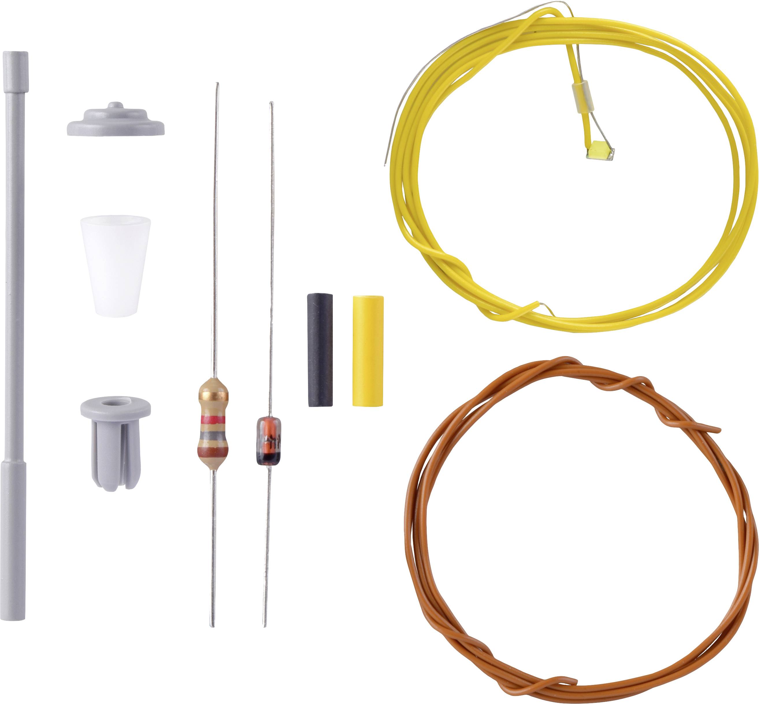 Individual components of an electronic circuit, including resistors, wires, connectors and other small parts, on a white background.