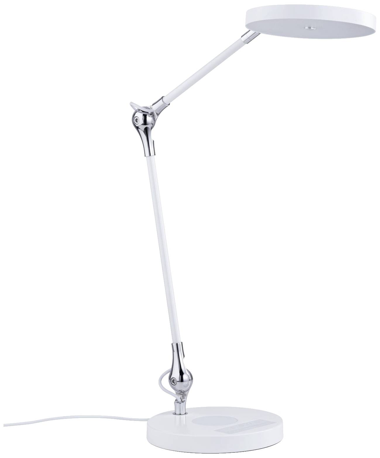 A white, modern desk lamp with an adjustable arm and round lampshade, perfect for reading or work areas.