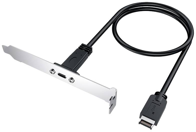 A PCIe expansion plug with a USB-C port on a metal bracket, connected by a cable with a larger plug.