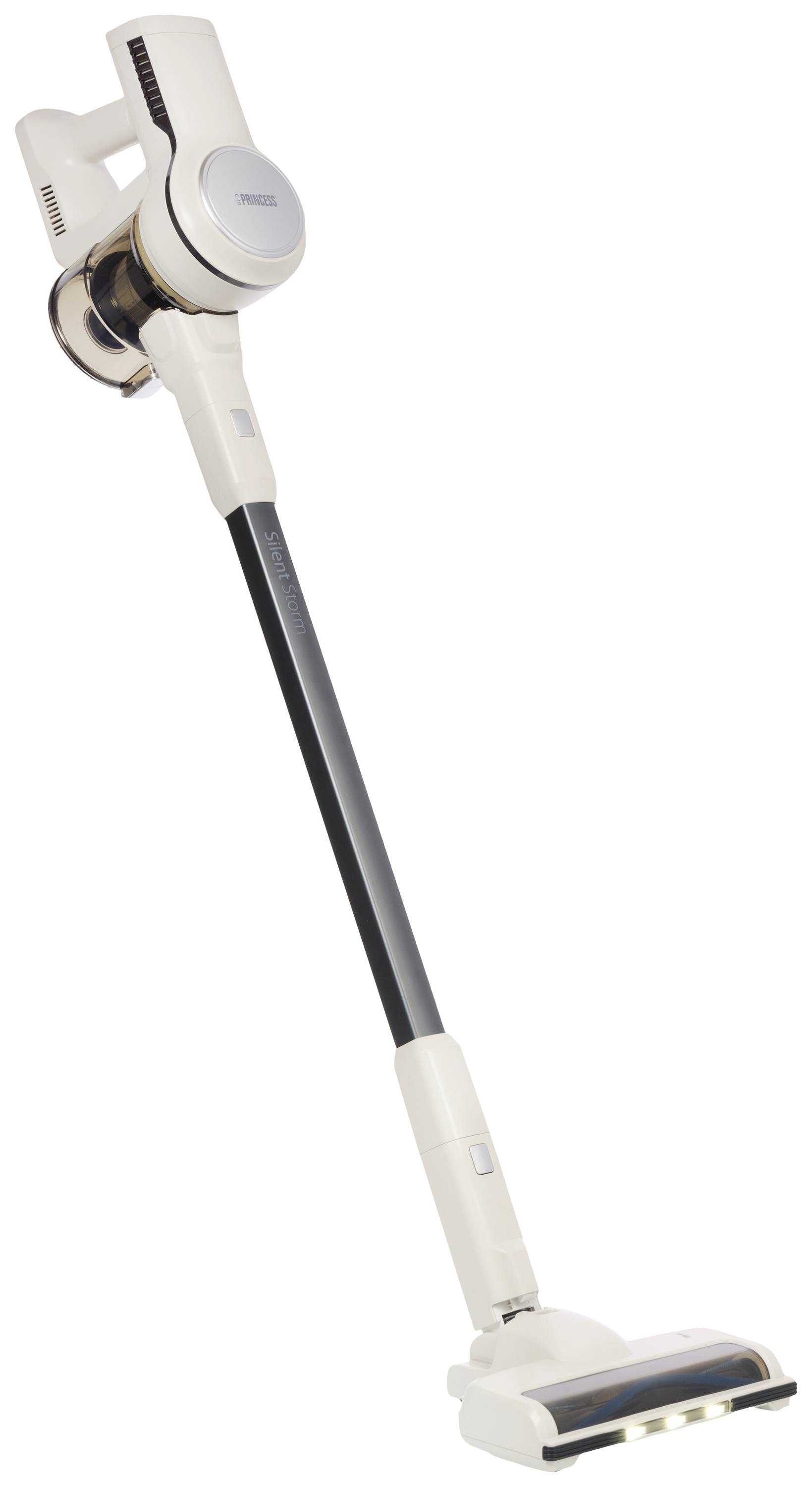Cordless stick vacuum cleaner in white and black, standing freely.