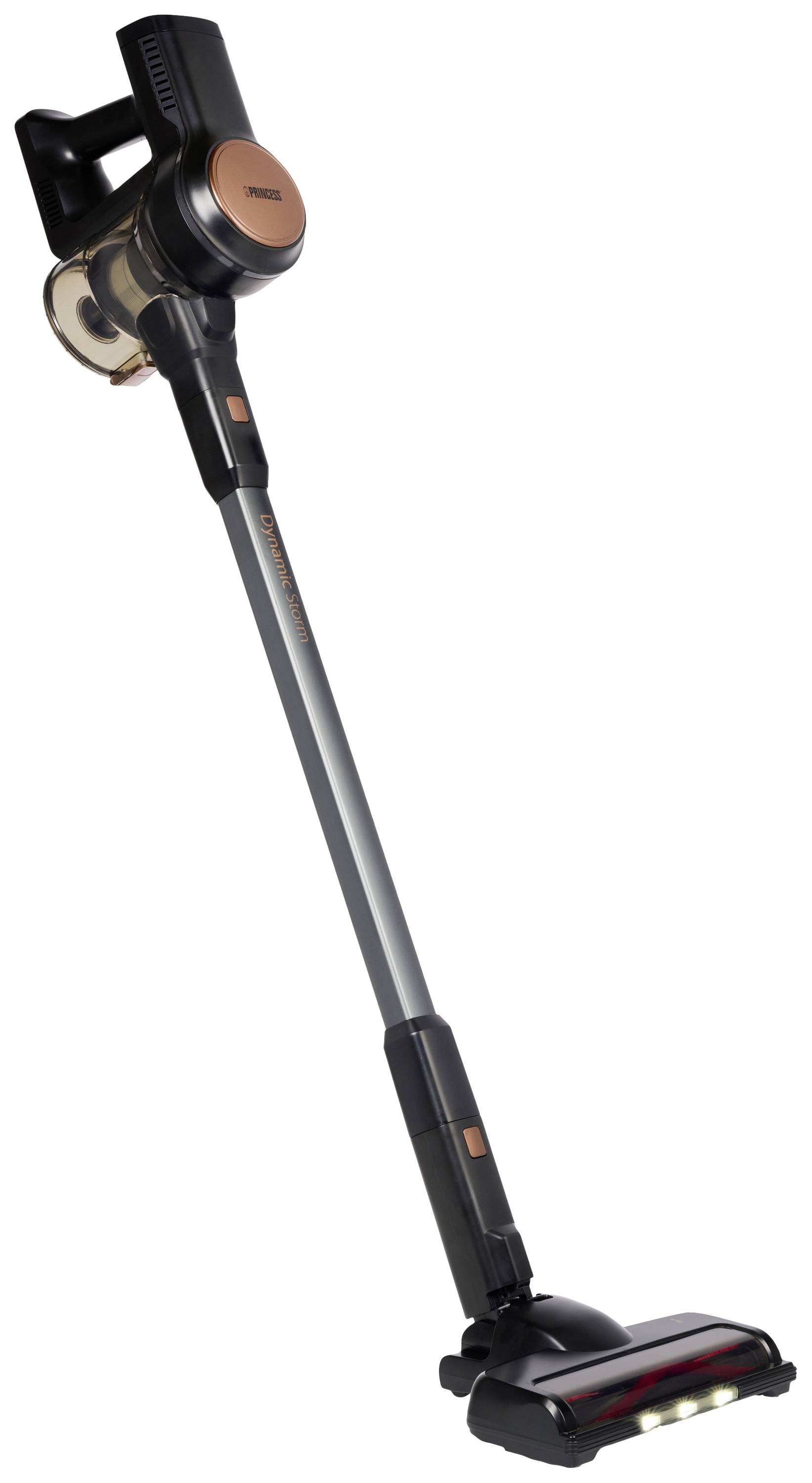 Cordless handheld vacuum cleaner with a long handle and red and gold accents. LEDs on the nozzle. Suitable for floor cleaning.