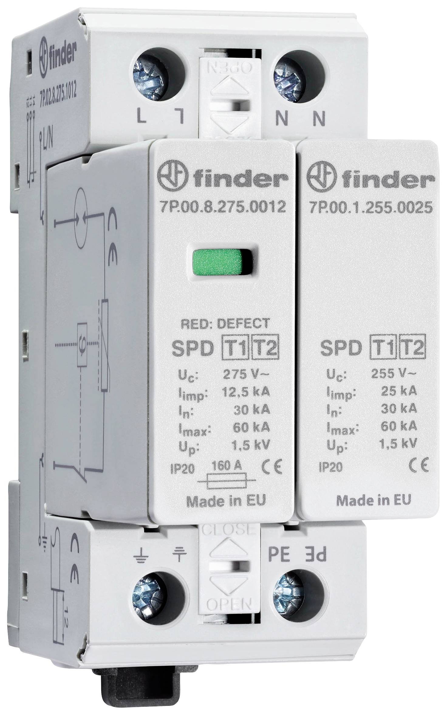 A surge protection device with technical specifications: rated voltage 275V, maximum impulse current 15kA, manufactured in the EU.