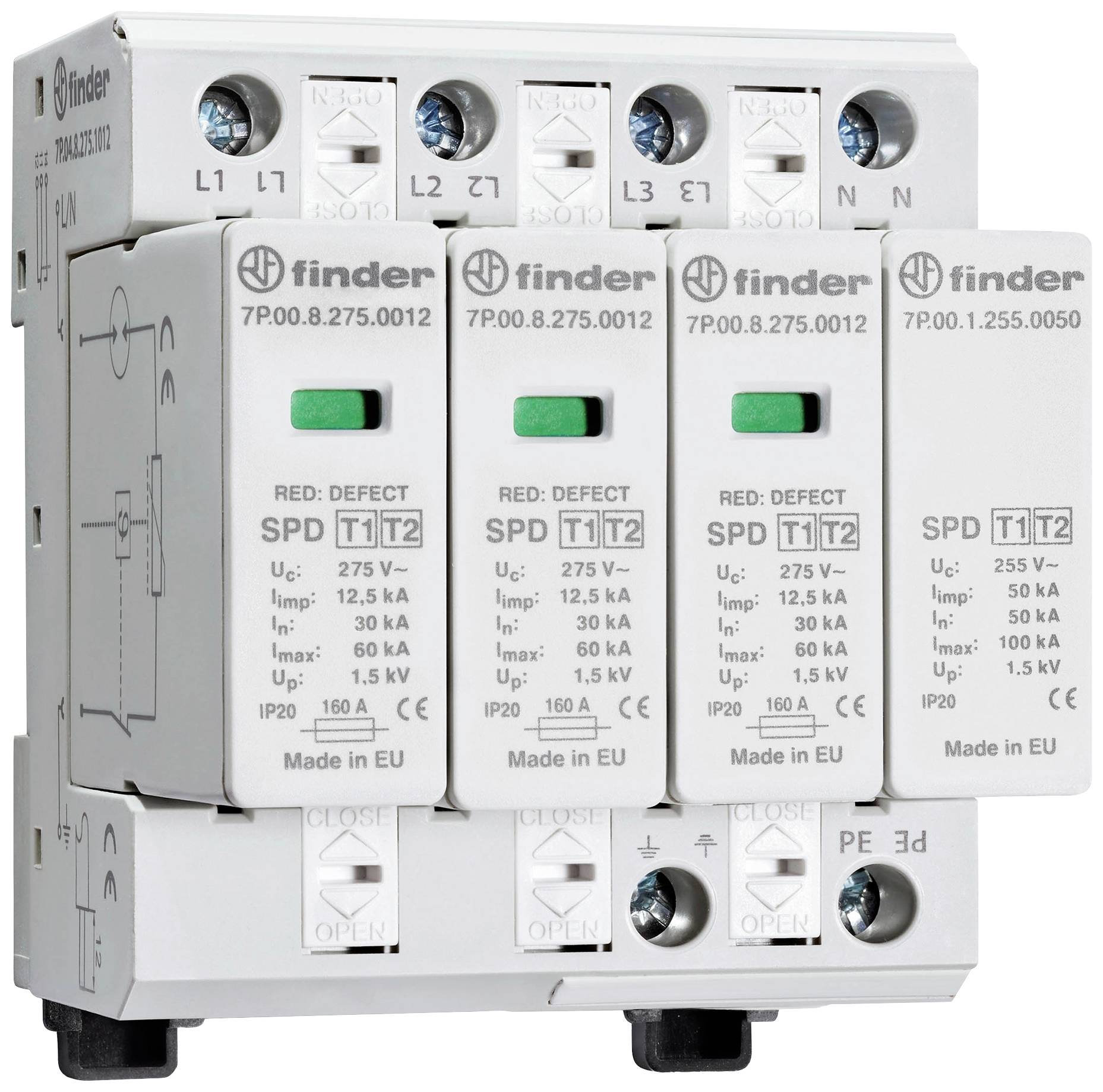 A surge protection device with multiple modules, indicators, and labels. It is designed to protect electrical installations.