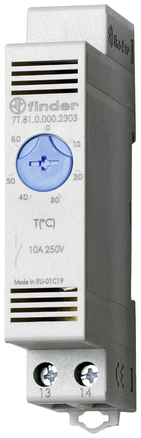 Finder thermostat with temperature display and setting dial, suitable for 10A, 250V. Inscription 'Made in EU'.