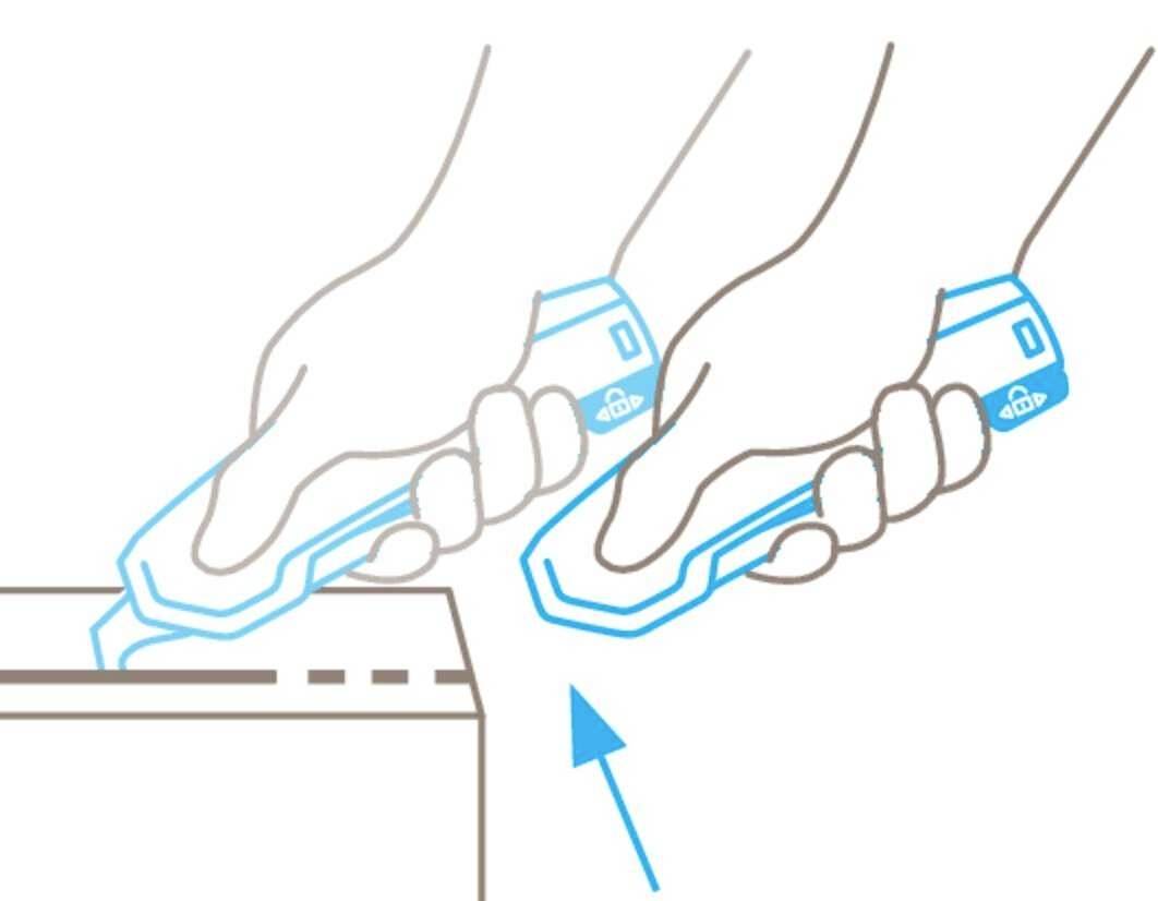 Drawing shows hands positioning a craft knife over an edge. An arrow indicates the cutting direction.