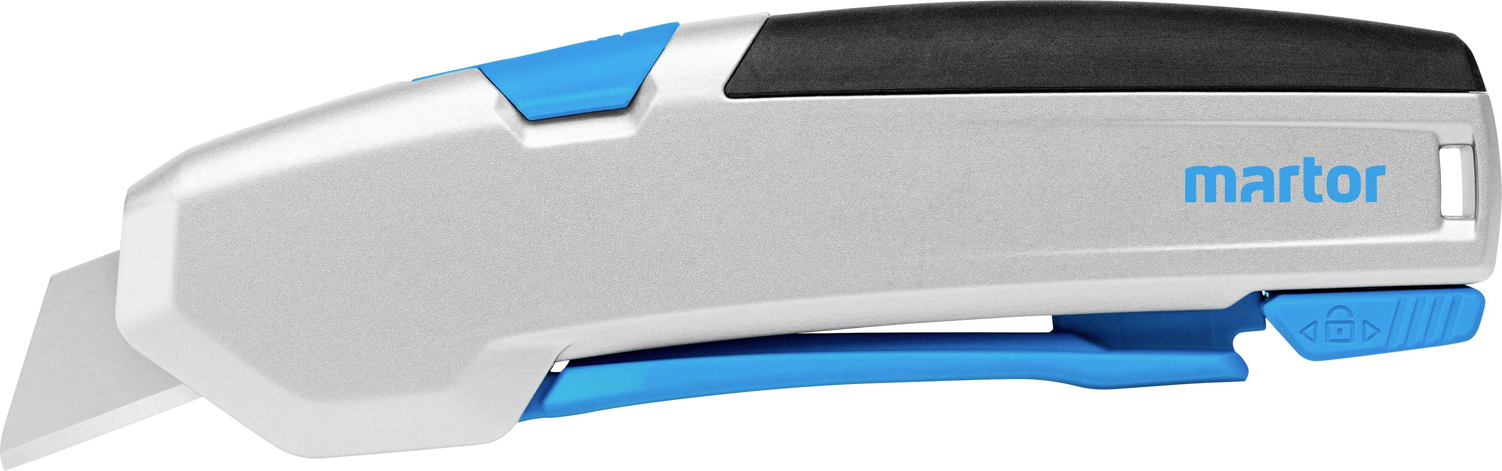 Silver safety knife with a blue handle and ergonomic design for safe cutting.