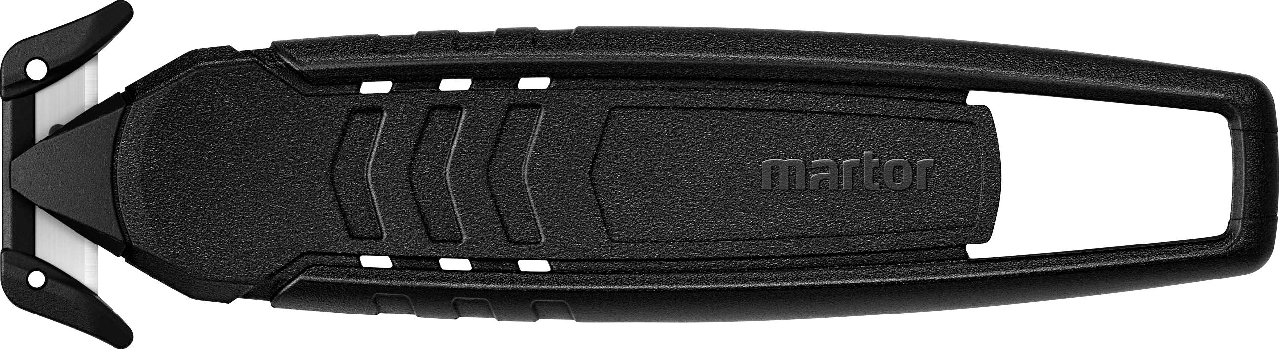 Black safety knife with ergonomic handle and blade cover.