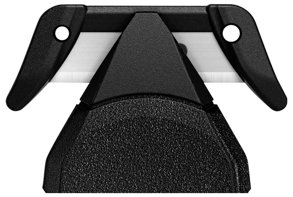 Close-up of a black seat belt cutter with an integrated blade holder and two side mounting holes.