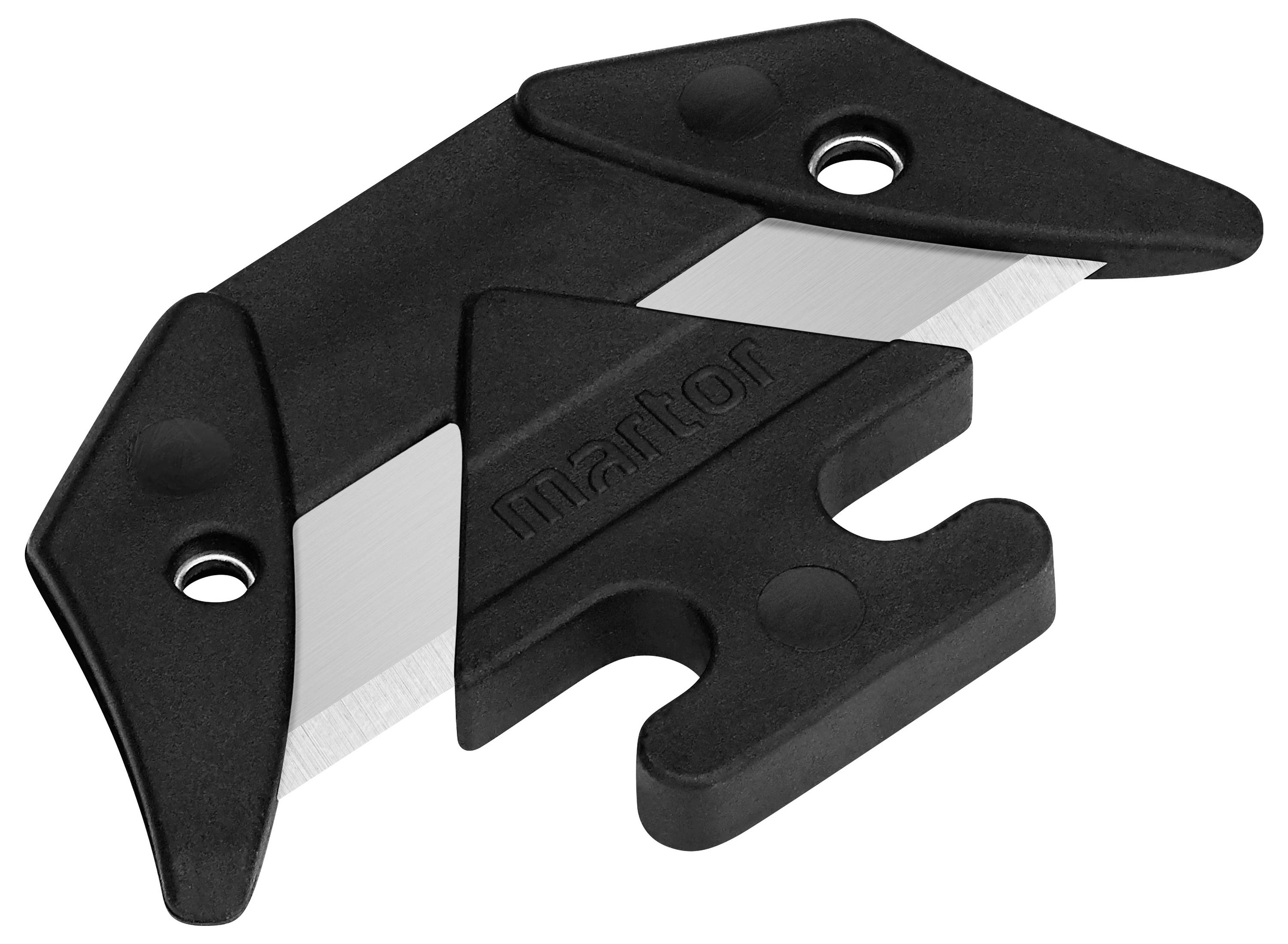 Black, serrated plastic blade tool with two holes and a transparent casing.
