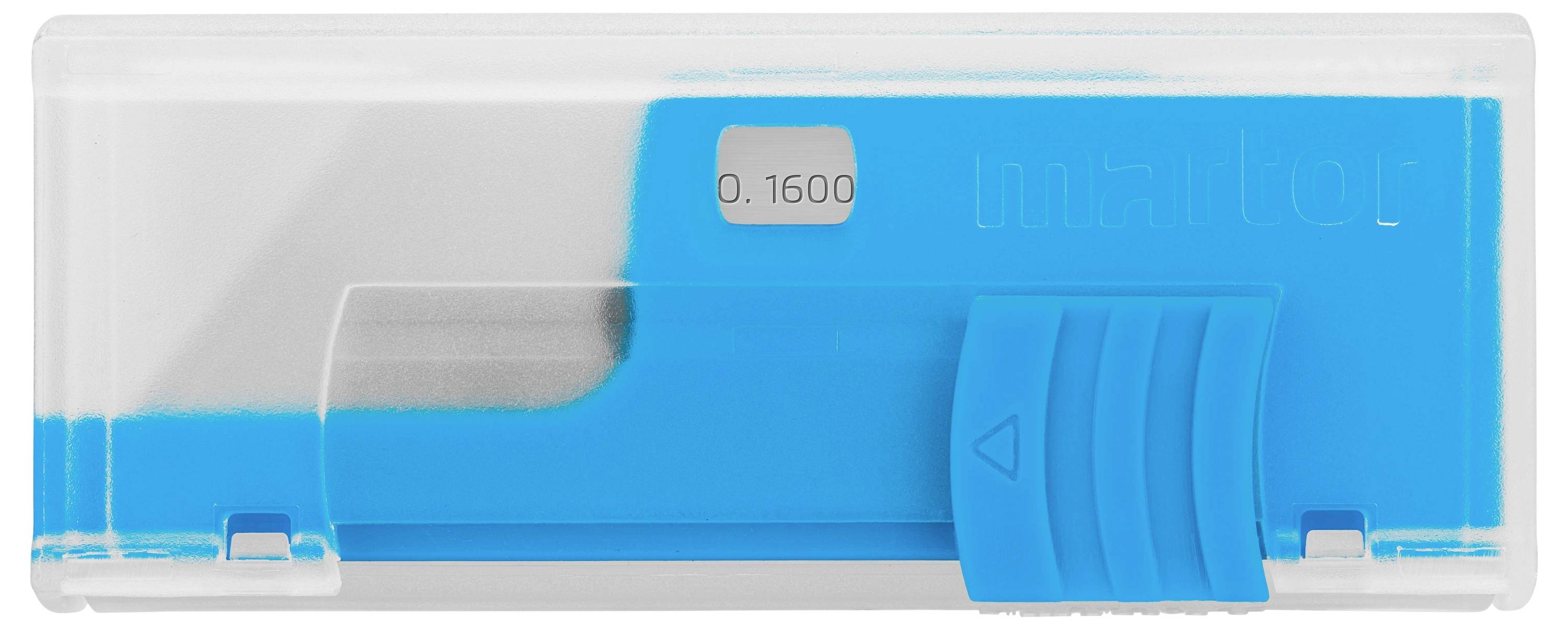 A plastic case with a blue slider cover, likely a pencil lead holder.