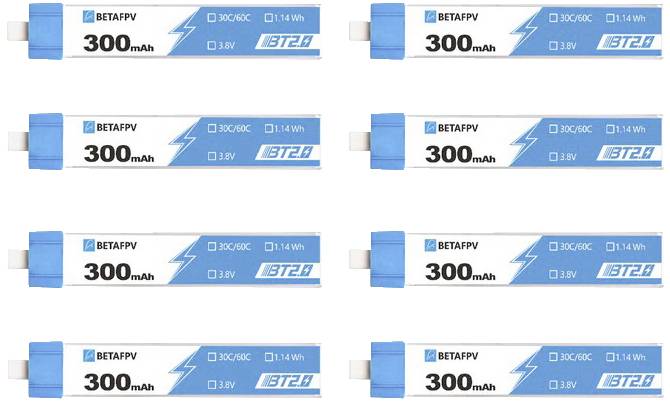 Eight blue battery packs by the brand Betafpv, with 300mAh and 3.8V. The batteries are arranged in two rows. A blue lightning bolt on the left as the logo.
