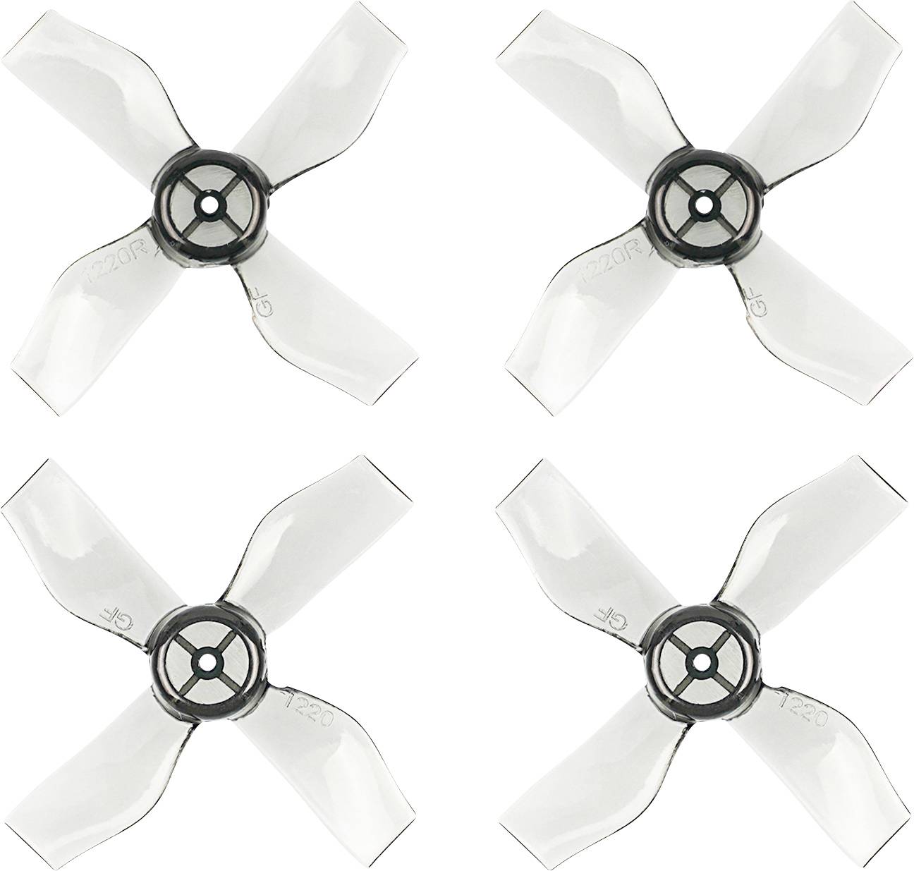 Four transparent, screw-shaped propellers arranged in a square pattern on a white background.