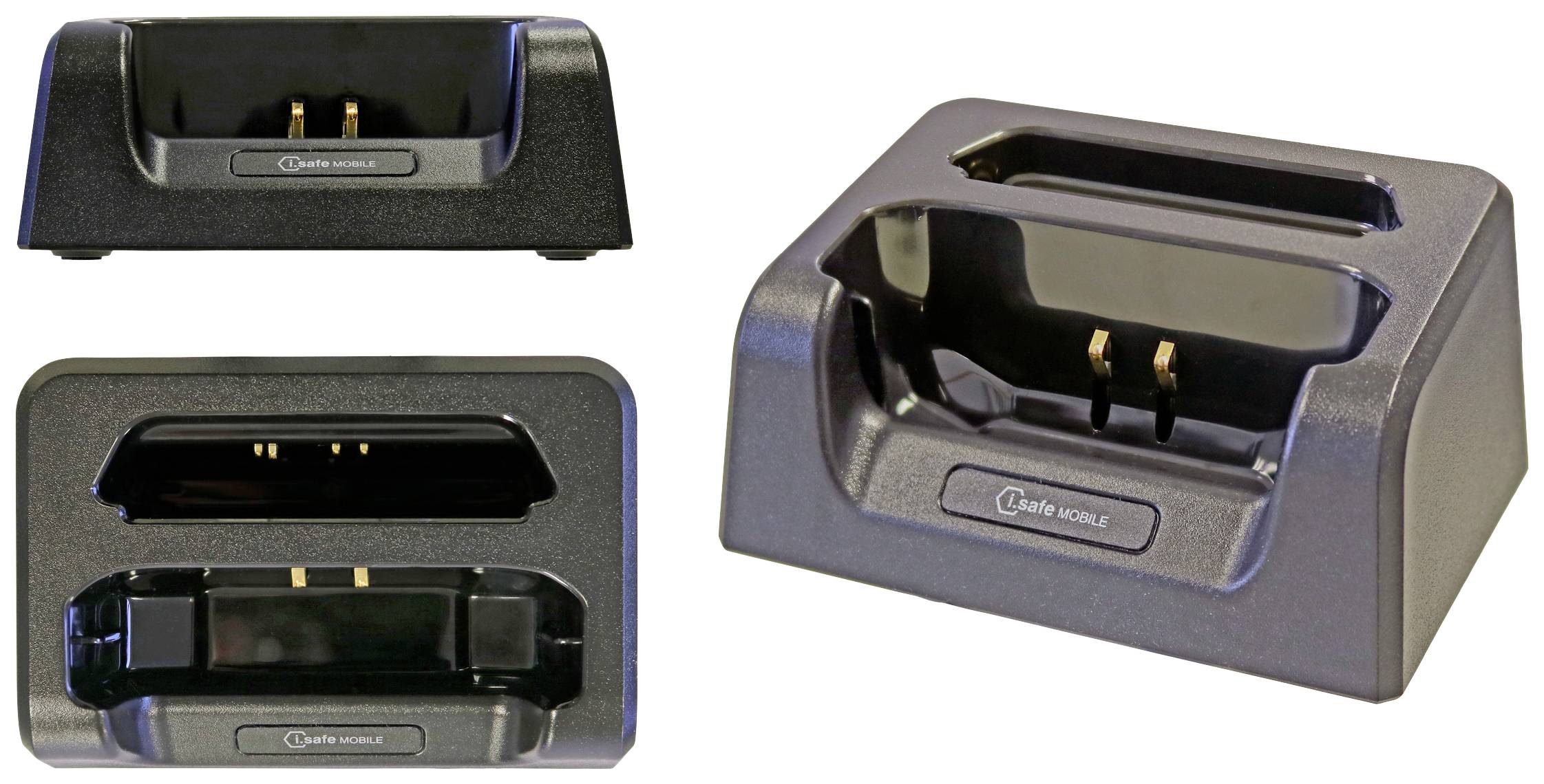 Three different views of a black charging station with golden contacts, suitable for mobile devices.