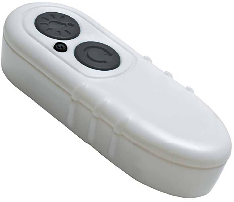 A white, compact remote control with two large buttons, one featuring a power on/off symbol and the other with a wheel icon.