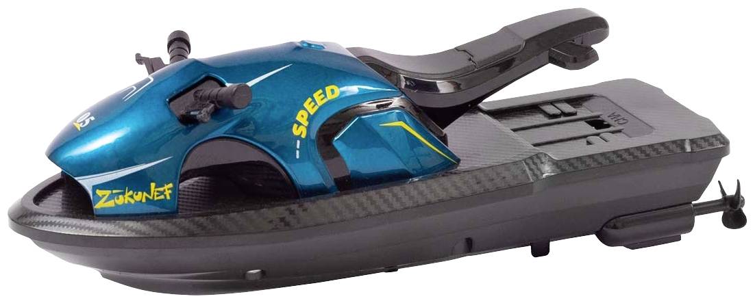 A turquoise-blue model of a jet ski with yellow lettering 'Speed' and 'Future', positioned on a dark base.