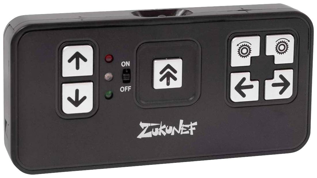 Black remote control with white arrow buttons for up and down movement. On/Off switch. 'ZukunVet' brand on the front.