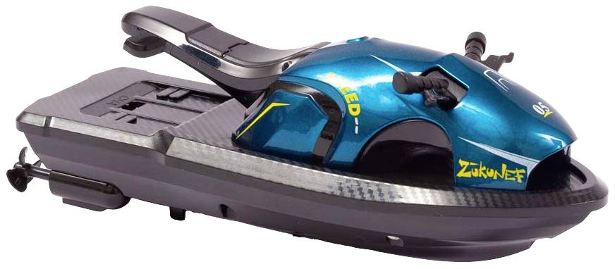 Electric jet ski in vibrant blue, side view. 'Future' and 'Speed' text visible. Design emphasises speed and innovation.