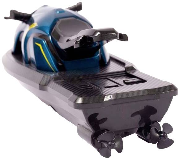 A small, remote-controlled watercraft in blue and black with two visible propellers at the rear.