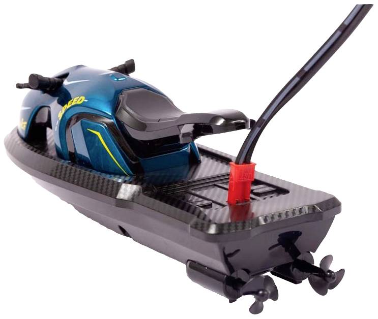 A small remote-controlled motorised toy boat with a blue body and a black hull.