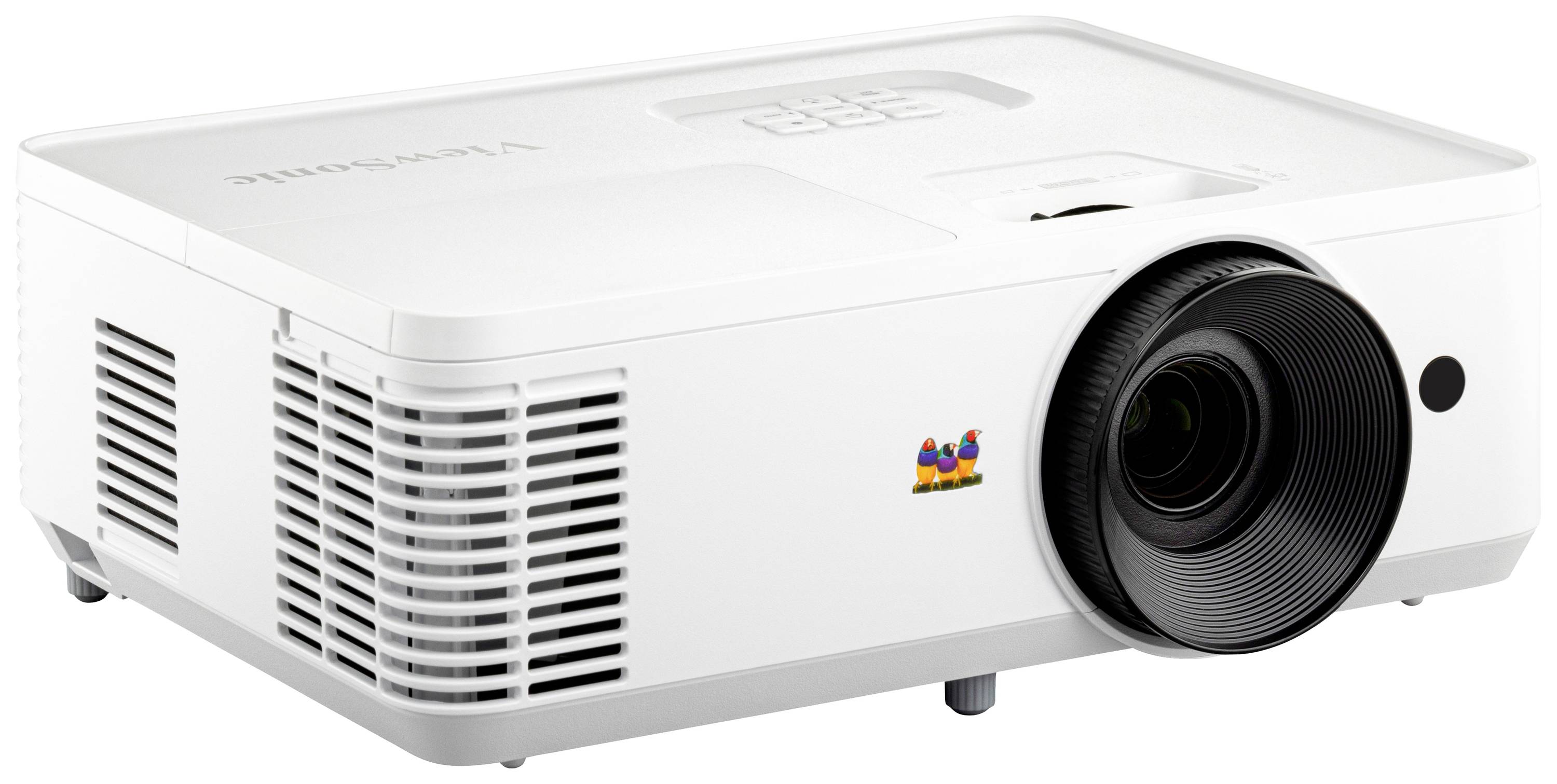 A white projector with a black lens on a table, suitable for presentations or film screenings indoors.