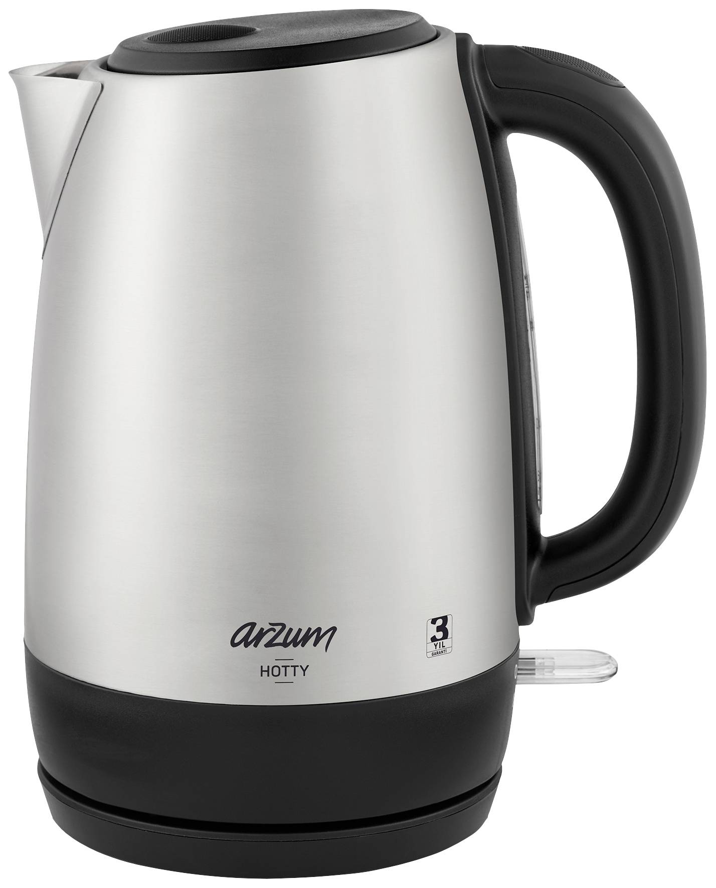 A silver kettle with a black handle and base. Printed with 'arzum HOTTY'.