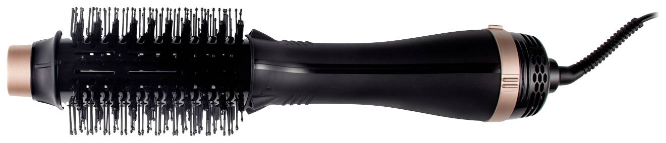 Black hot air brush with red-gold accents and curved bristles, designed for hair care and styling.