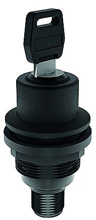 A black security lock with a keyhole and inserted key. The lock has a thread on its underside.