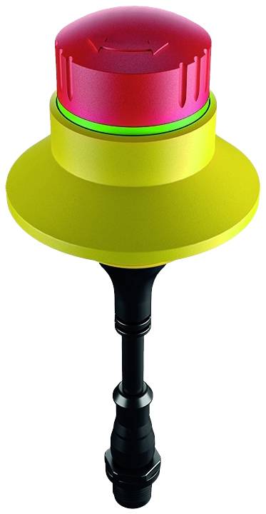 Yellow emergency stop device with a red push button and green LED ring, mounted on a black base. Safety control in machinery.