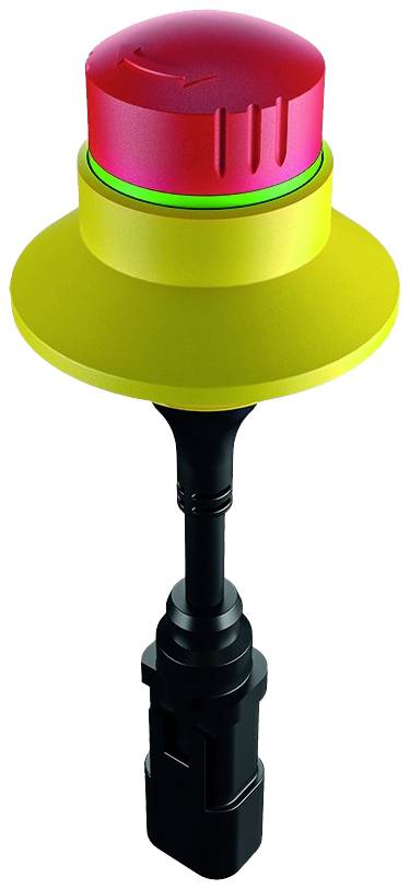 A red emergency stop switch with a yellow border and green LED light, mounted on a black base.