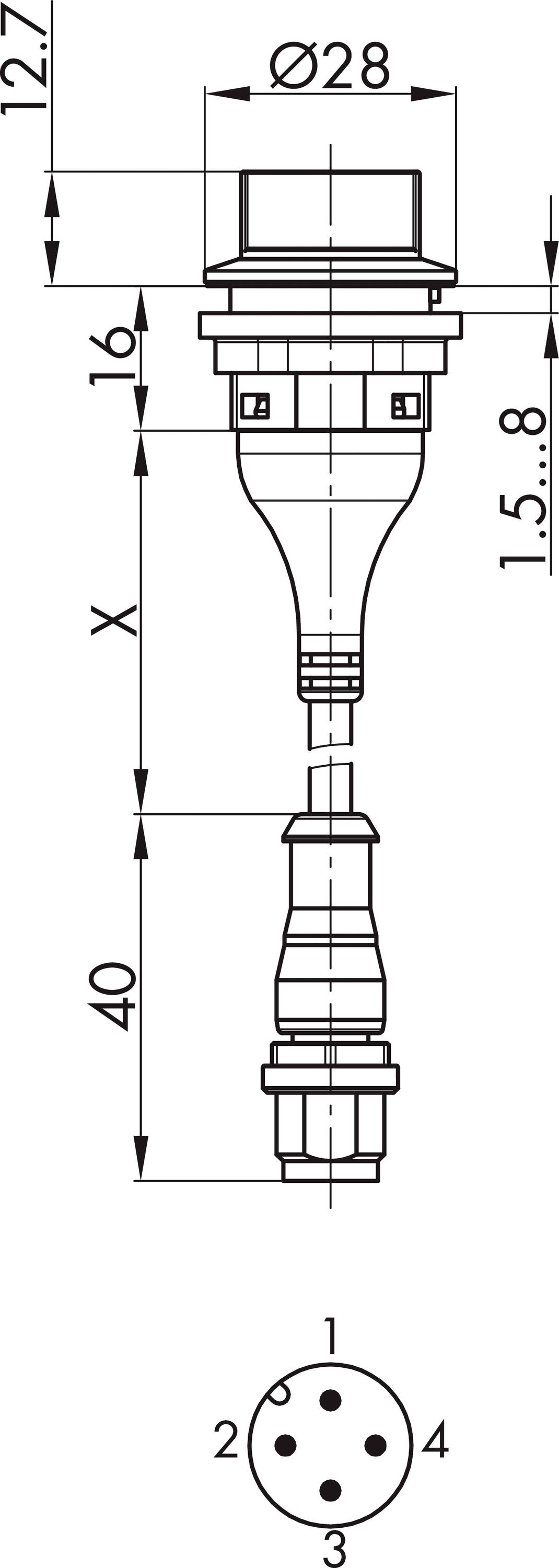 Technical drawing of a circular connector with dimensions of 28 mm diameter and various length specifications. Device with four contact points.