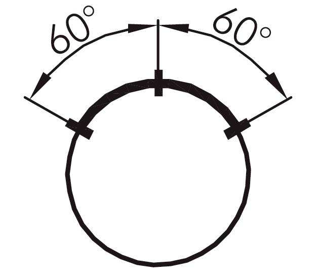 Pie chart with two arrows, each indicating an angle of 60 degrees above the circle.