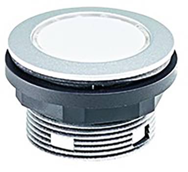 A silver, round button with black threading, used for mechanical or electronic devices for control or operation.