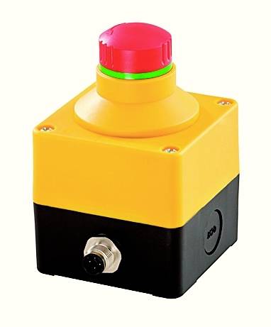 Red emergency stop switch on a yellow base with a green illuminated ring, symbolising safety and rapid response capability.