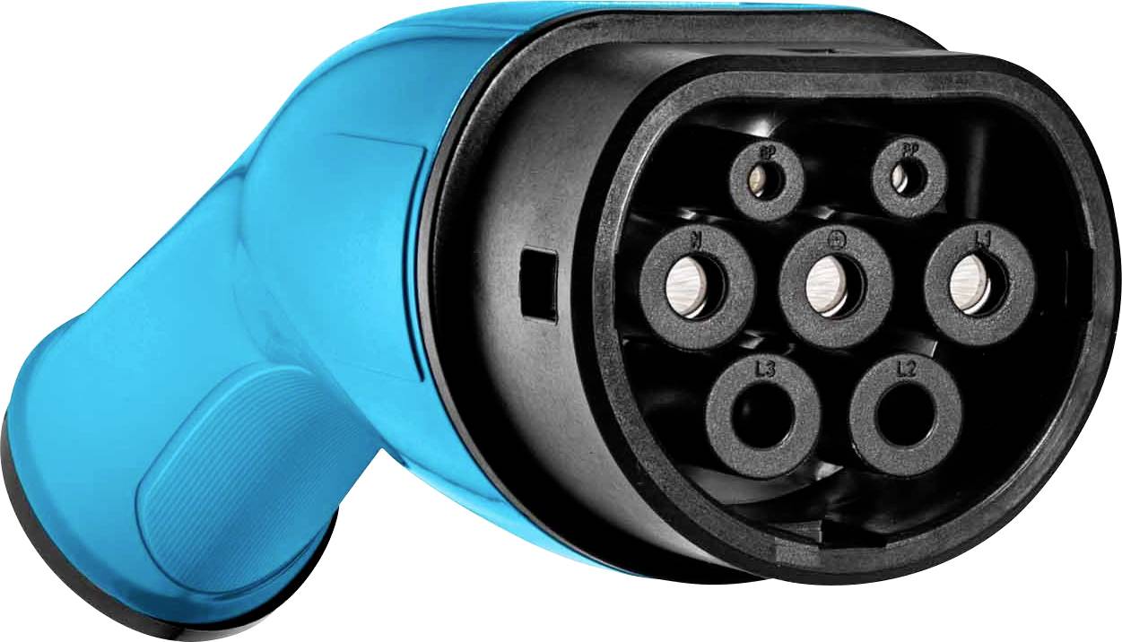 A blue Type 2 electric vehicle charging plug against a white background, used for charging electric cars.