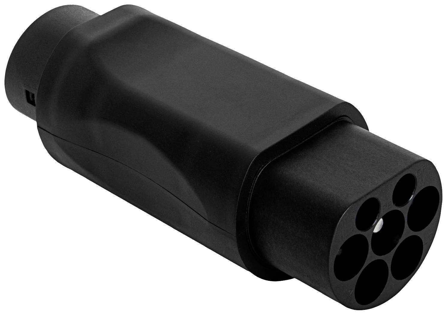 Black plug for electric vehicle charging station with seven round contacts, compatible with common charging cables.