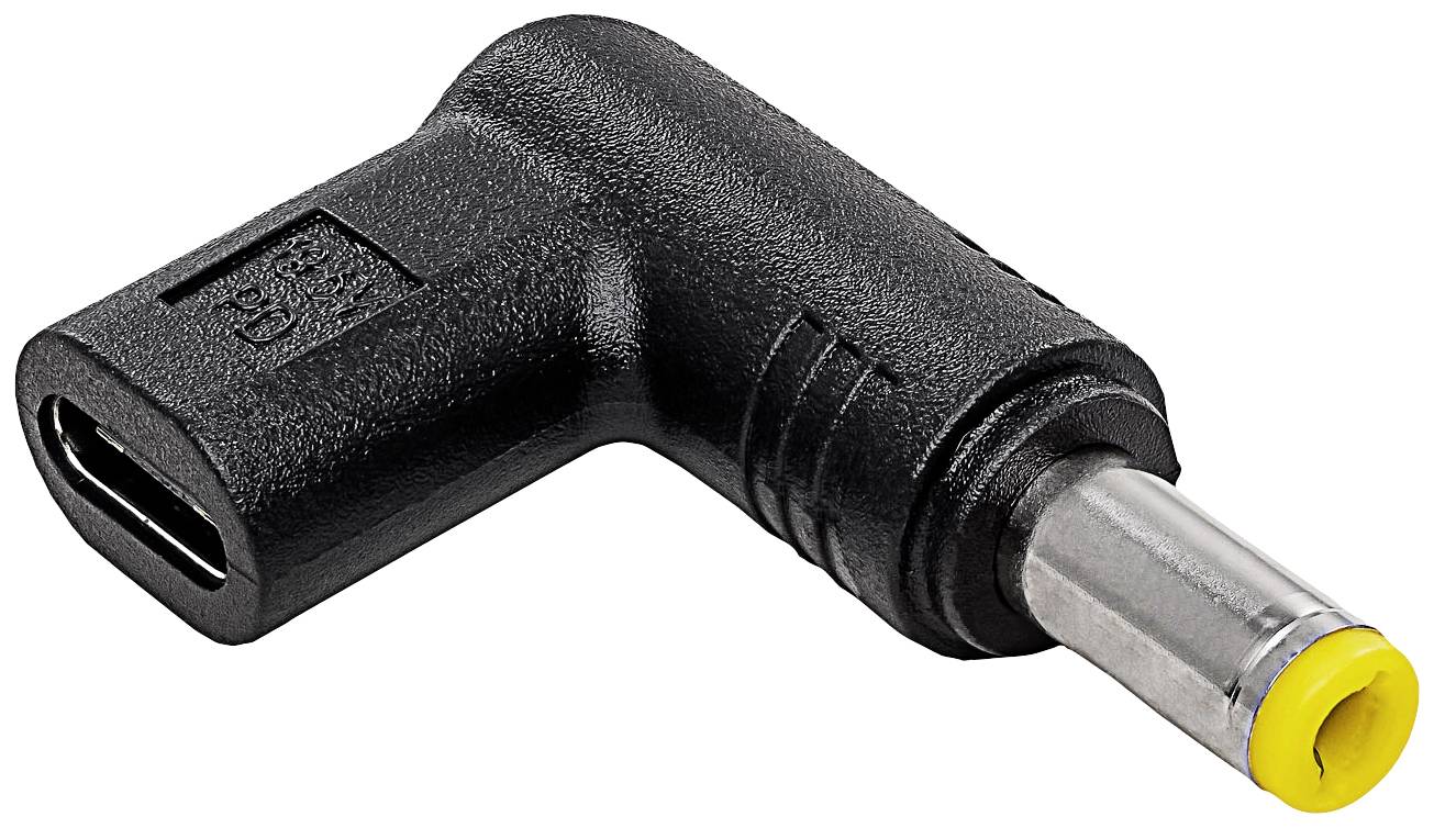 A black USB-C to cylindrical DC plug adapter, used for powering electronic devices.