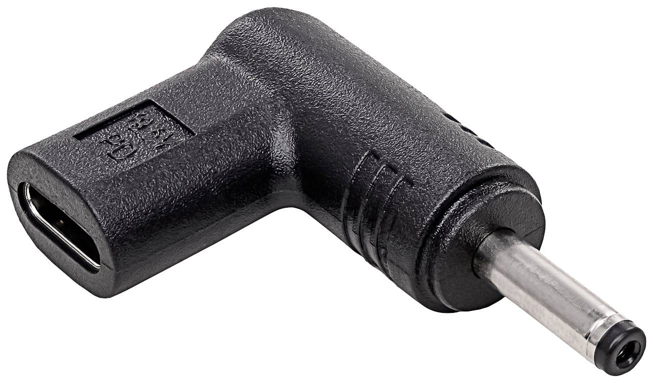 A black adapter with a USB port on one side and a DC jack on the other, positioned at a 90-degree angle.