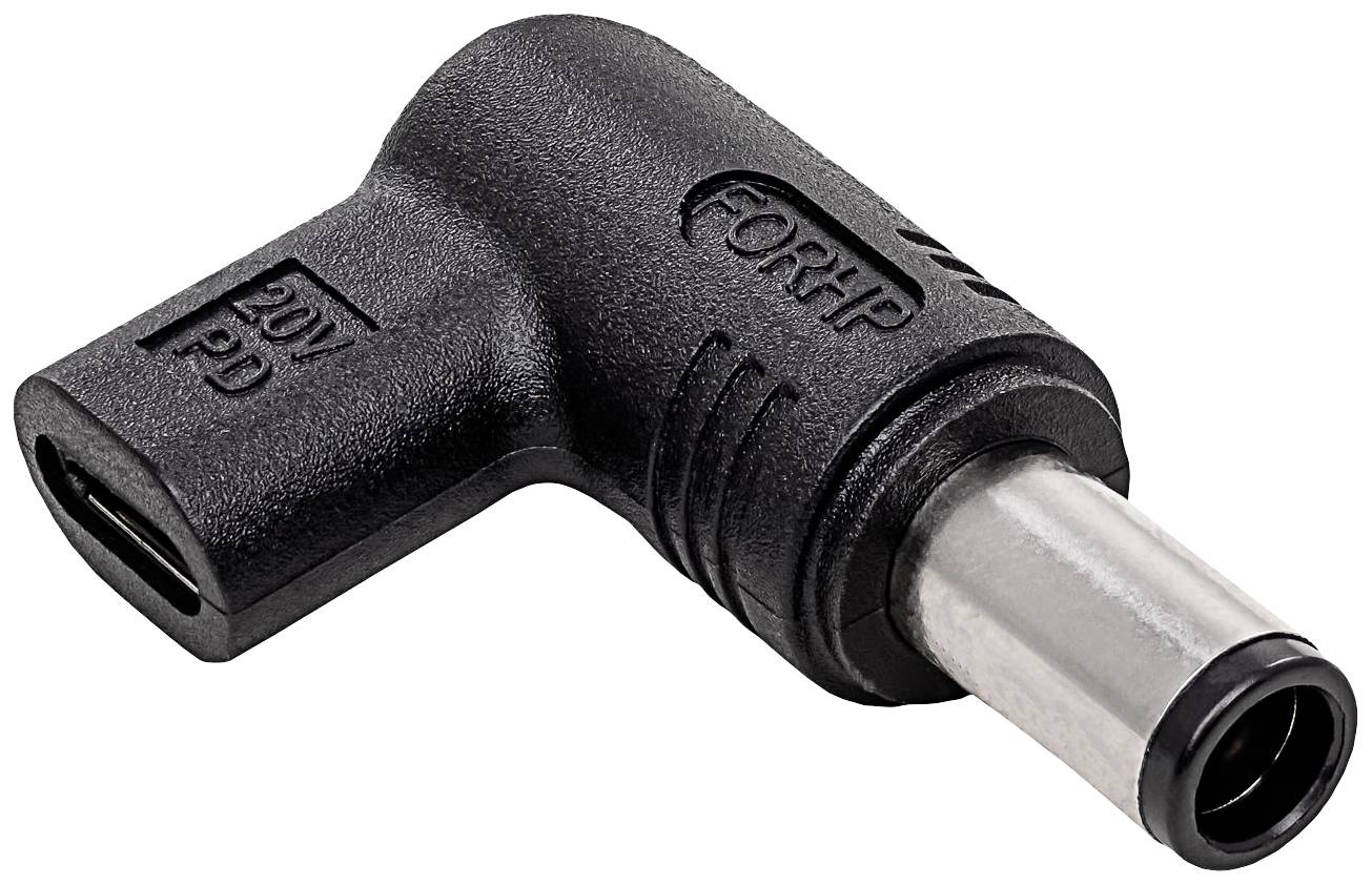 A black adapter with a USB-C port on one side and a round metal connector on the other, suitable for HP devices.