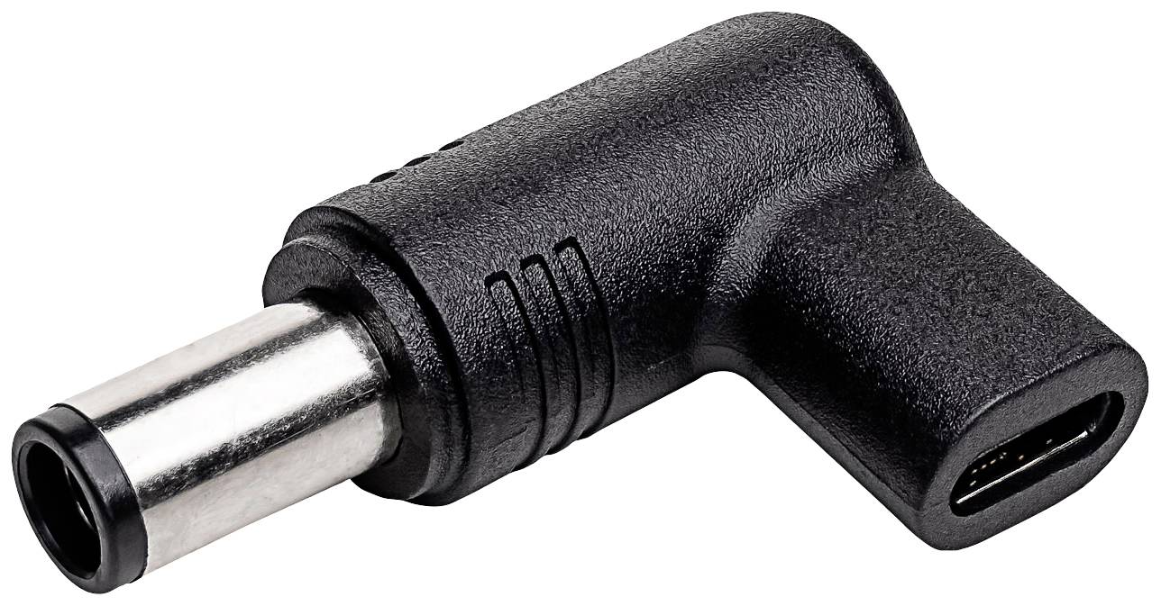 A black adapter with a cylindrical metal plug and a rectangular USB-C socket at an angled connection point.