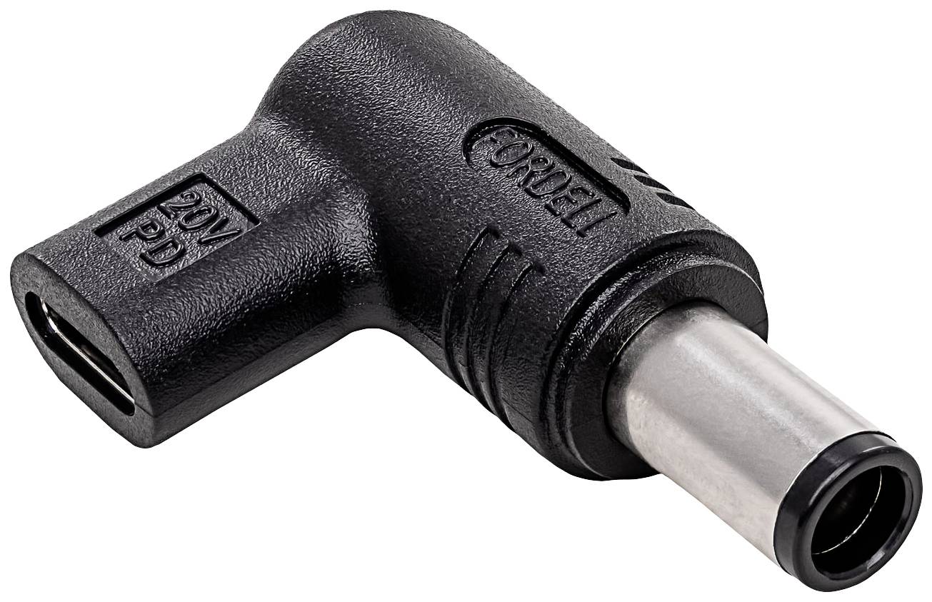 Laptop Power Supply Angle Adapter: USB-C Port for 12V Power Delivery Compatibility, Black Plastic Coating, Silver Connector End.